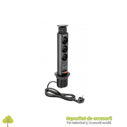 Priza Pop-Up retractabila, D60mm, 3 Schuko, 2 USB tip A, neagra