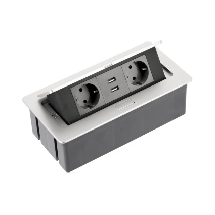Priză pentru mobilier SOFT, 2 Schuko, 2 USB-A 2.1A, cablu 1,5 m, aluminiu