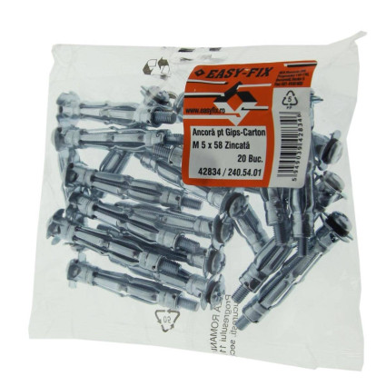 Ancora metalică gips-carton tip A M5x58 zincată alb 20 bucăți, fixare profesională pereți rigips