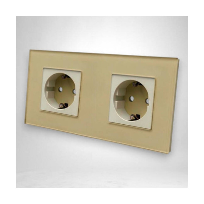 Priză dublă cu ramă din sticlă aurie – priză Schuko modernă cu design premium pentru interior
