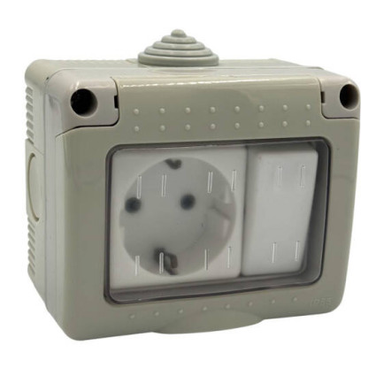 Mod întrerupător + priză cu capac AG IP55 – modul electric aparent 16A pentru exterior/industrial