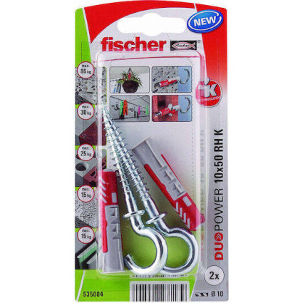 Diblu universal cu cârlig Fischer DuoPower 10x50 RH 535004 – set 2 bucăți fixare perete beton și zidărie