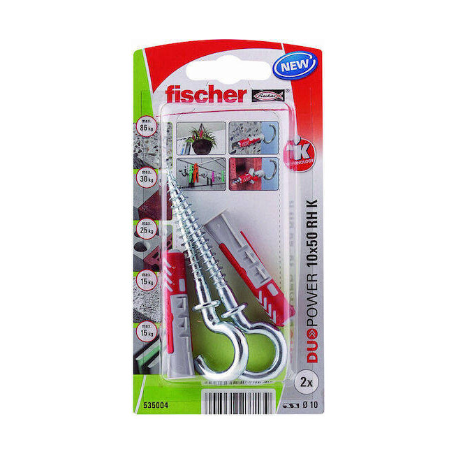 Diblu universal cu cârlig Fischer DuoPower 10x50 RH 535004 – set 2 bucăți fixare perete beton și zidărie