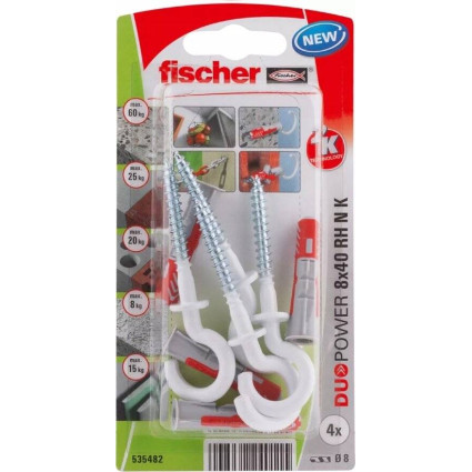 Diblu universal cu cârlig Fischer DuoPower 8x40 RH 535482 – set fixare perete beton, cărămidă și BCA