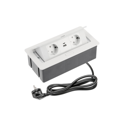 Priză încastrabilă GTV SOFT 2x Schuko + 2x USB A+C – priză retractabilă pentru blat, alb, cu cablu 1,5 m