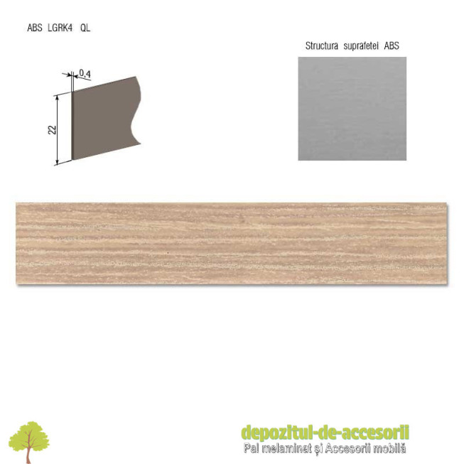 Cant ABS Stejar Bardolino natur 22mm x 0,4mm. Compatibil cu PAL Melaminat Stejar Bardolino natur H1145 ST10 Egger