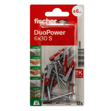 Set 12 dibluri Fischer DuoPower, 6x30mm, cu șurub 4,5x40mm, 534997