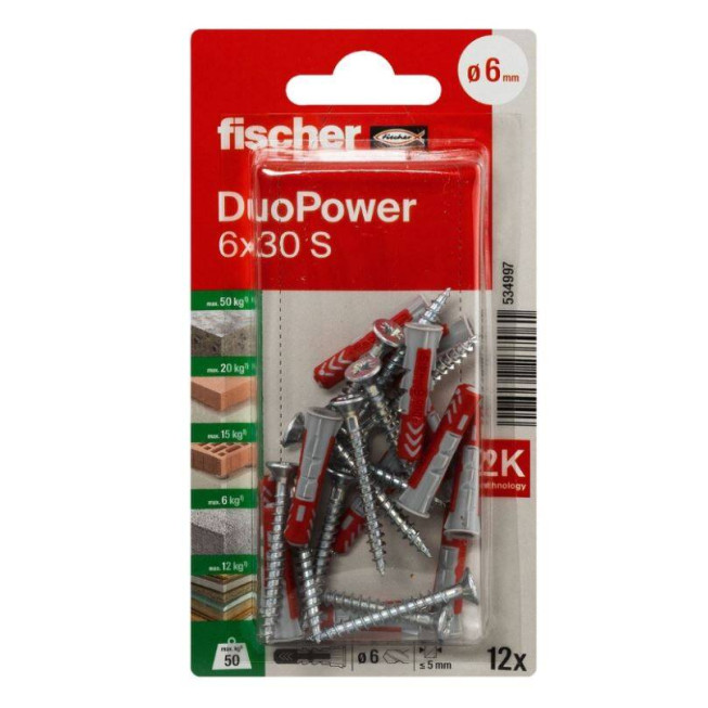 Set 12 dibluri Fischer DuoPower, 6x30mm, cu șurub 4,5x40mm, 534997