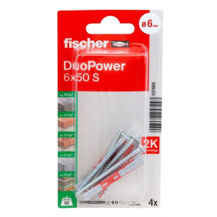 Set 4 dibluri Fischer DuoPower, 6x50mm, cu surub 4,5x60mm, 537660