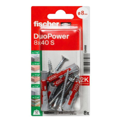 Set 8 dibluri Fischer DuoPower, 8x40 mm, cu surub 5x60mm, 534998