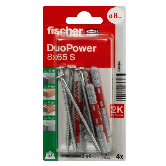 Set 4 dibluri Fischer DuoPower, 8x65 mm, cu surub 5x80 mm
