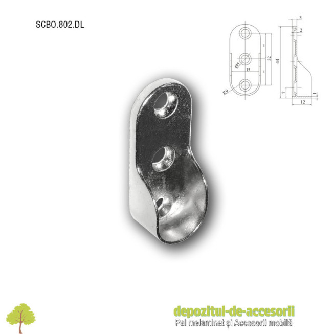 Suport cap bara haine ovala 30x15mm prindere pe laterale