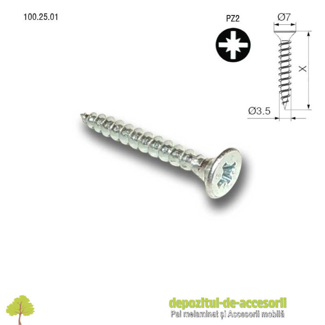 Șuruburi lemn, PAL Ø3,5 x 30mm, cap îngropat Pz2, zincate alb 100.25.01 SEA