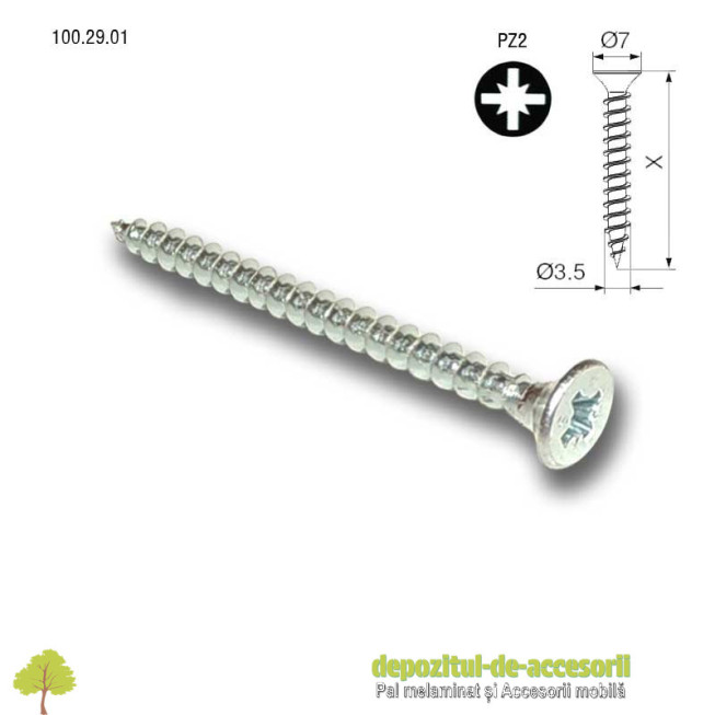 Suruburi lemn, PAL Ø3,5 x 50mm, cap ingropat Pz2, zincate alb 100.29.01SEA