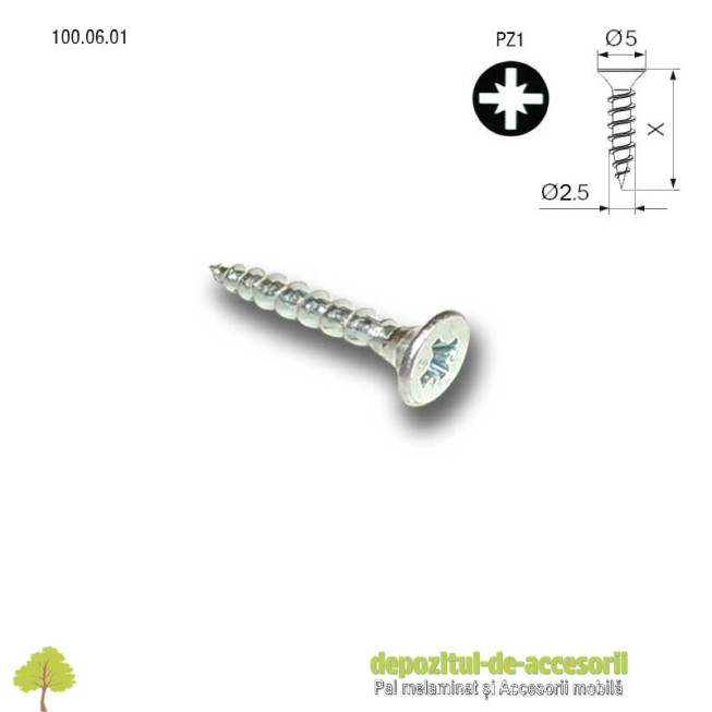 Suruburi lemn, PAL Ø2,5 x 16mm, cap ingropat Pz1, zincate alb 100.06.01 SEA
