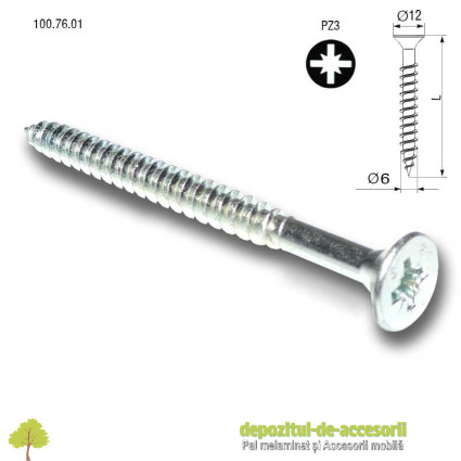 Suruburi lemn, PAL Ø6 x 80mm, cap ingropat Pz3, zincate alb 100.76.01 SEA