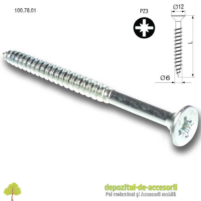 Suruburi lemn, PAL Ø6 x 100mm, cap ingropat Pz3, zincate alb 100.78.01 SEA