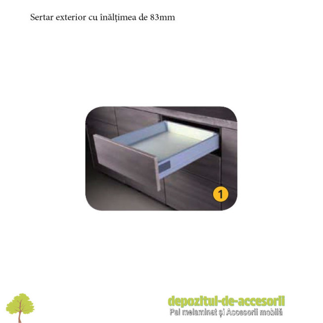 Sertar laterale metalice 400mm H 83mmTandembox extragere totala amortizare la inchidere DTC M01400A