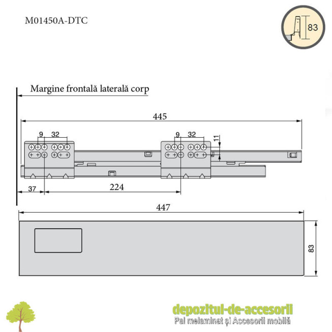 Sertar laterale metalice 450x83mm tip Tandembox extragere totala amortizare la inchidere DTC M014500A