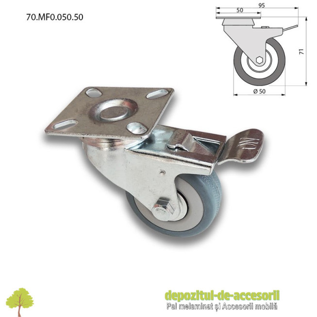 Role mobilier cauciuc cu frana Ø50mm pivotante prindere cu flansa 70.MF0.050.50