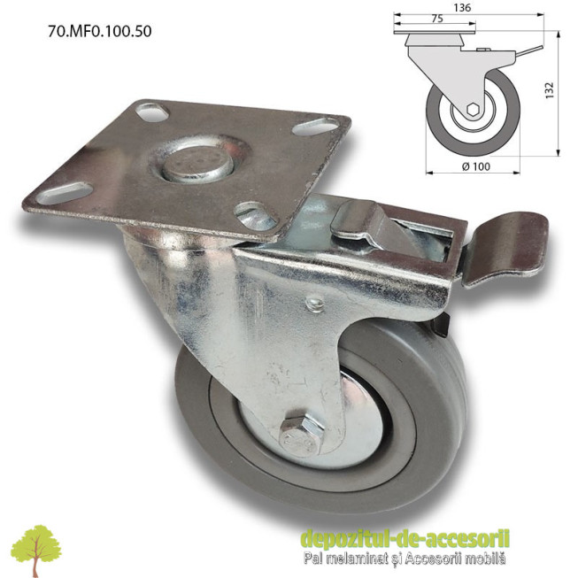 Role mobilier cauciuc cu frana Ø100mm pivotante prindere cu flansa 70.MF0.100.50
