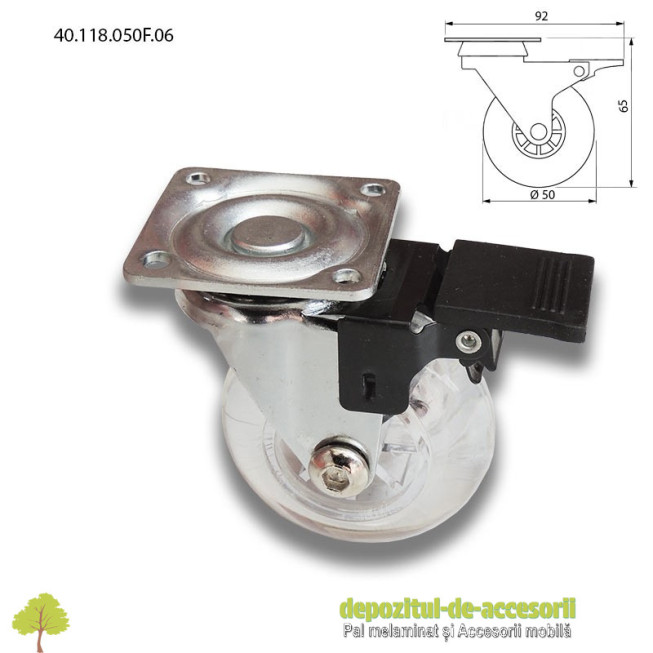 Role mobilier Ø50mm elastice transparente cu frana prindere cu flansa 40.118.050F.06