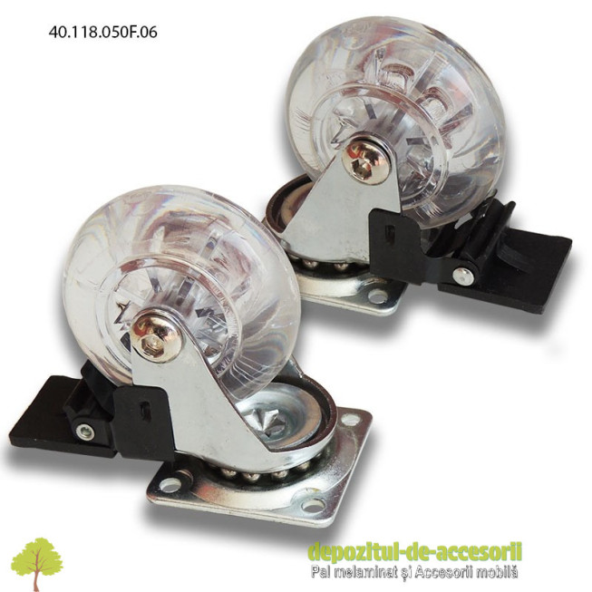 Role mobilier Ø50mm elastice transparente cu frana prindere cu flansa 40.118.050F.06