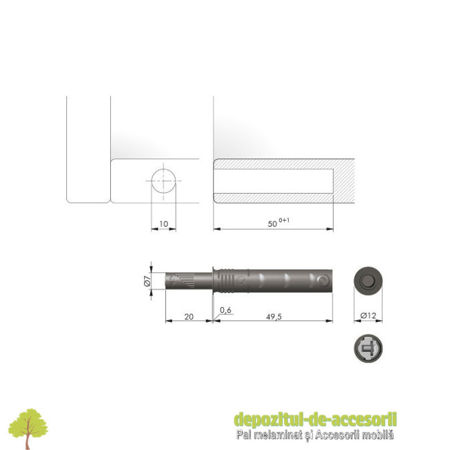 Push to open K PUSH TECH 20mm ascuns, buffer, antracit