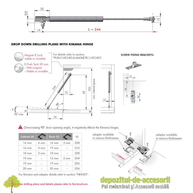 Piston cu gaz K12, coborare, 244mm