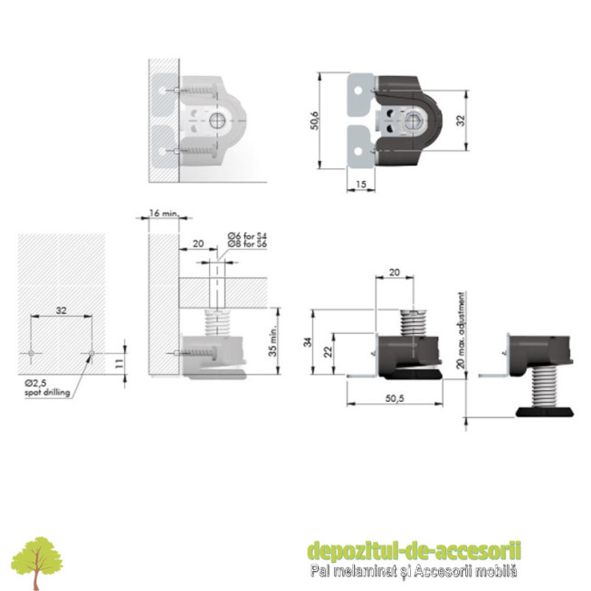 Picior nivelare INTEGRATO TECH A H20mm suruburi premontate