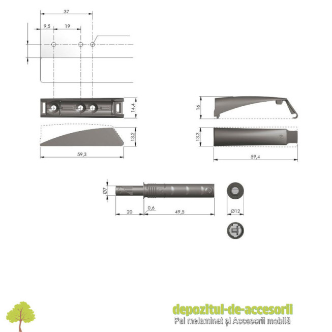 Set Push to open K PUSH TECH 20mm aplicat, buffer, alb