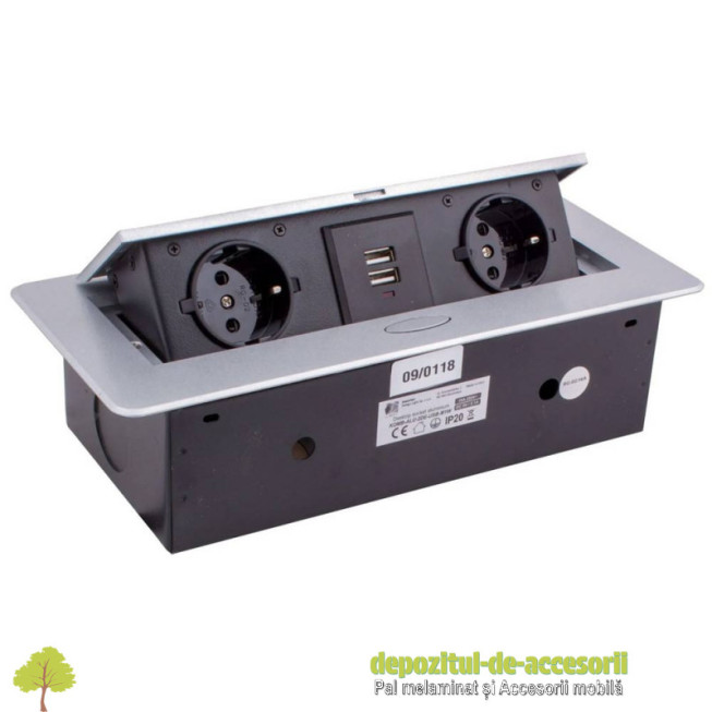 Priza retractabila KOMBIBOX 2x prize Shuco 2xUSB aluminiu