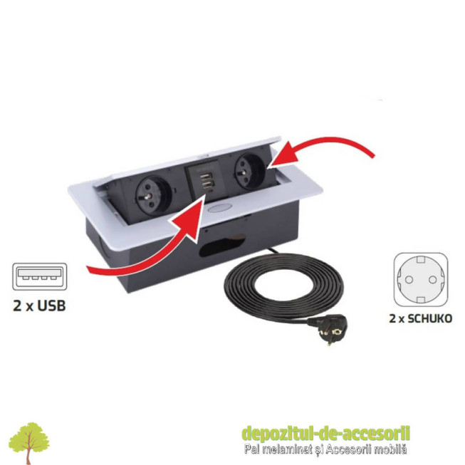Priza retractabila KOMBIBOX 2x prize Shuco 2xUSB aluminiu
