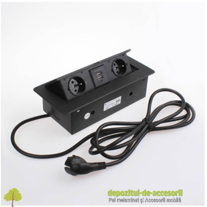Priza retractabila KOMBIBOX 2x prize Shuco 2xUSB neagră