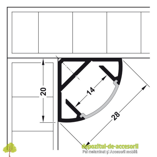 Profil 2195 pentru bandă LED, montaj aplicat pe colț, aluminiu, 20 x 20 mm, lungime 2500 mm