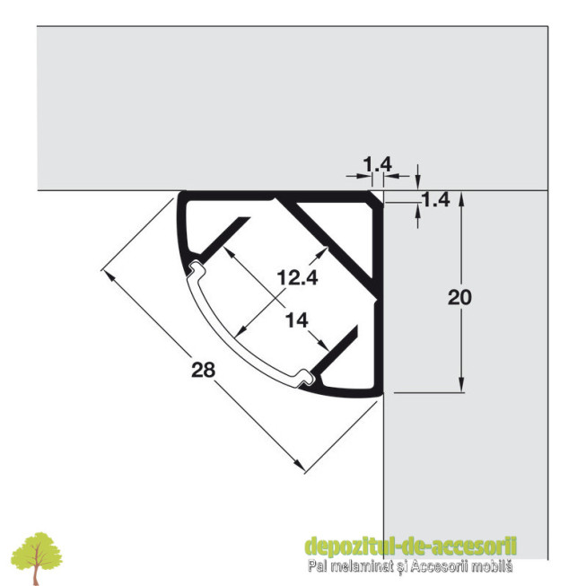 Profil 2195 pentru bandă LED, montaj aplicat pe colț, aluminiu, 20 x 20 mm, lungime 2500 mm