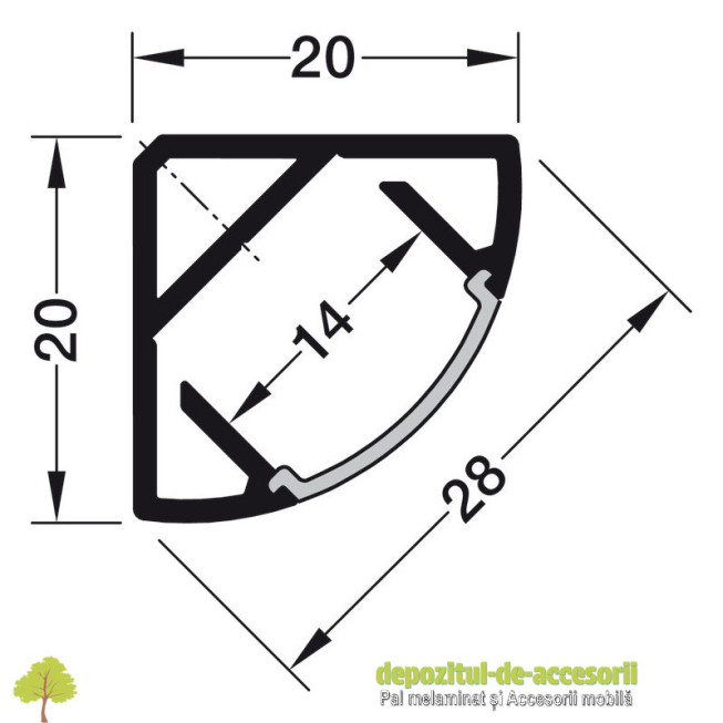 Profil 2195 pentru bandă LED, montaj aplicat pe colț, aluminiu, 20 x 20 mm, lungime 2500 mm