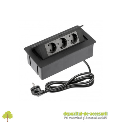 Priza pop-up verticala, 3x Schuko, neagra