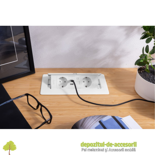 Priza de mobilier MULTISOFT, 2xSHUKO, USB A+C, RJ45, cablu 1,5 m, alb