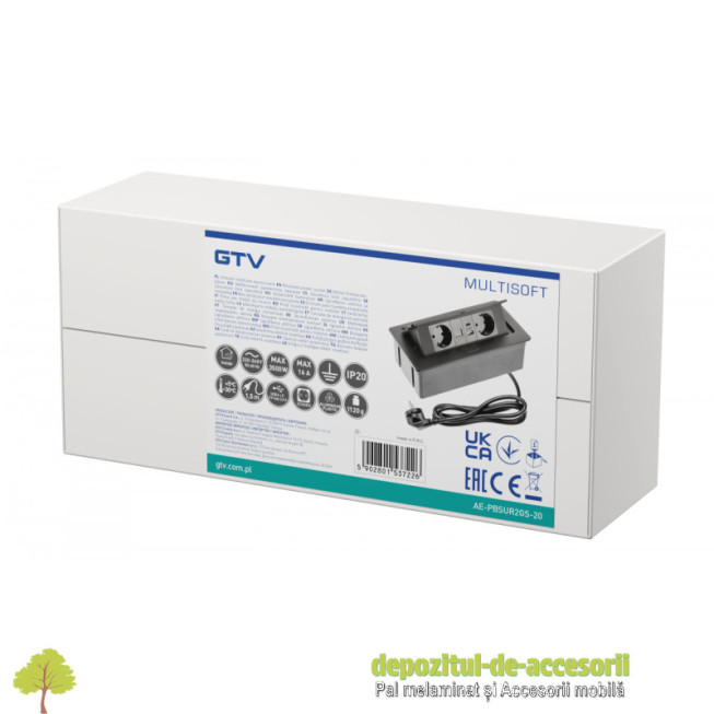 Priza de mobilier MULTISOFT, 2xSHUKO, USB A+C, RJ45, cablu 1,5 m, alb