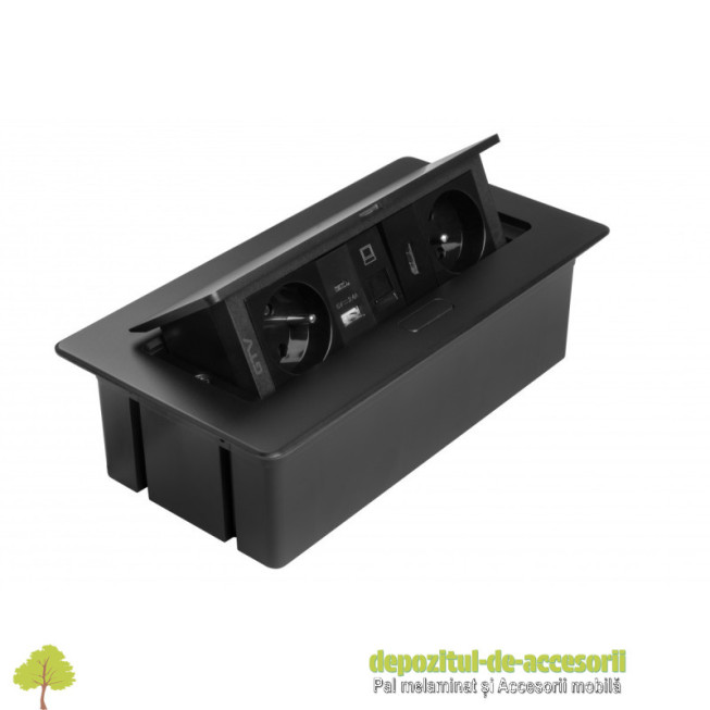 Priza de mobilier MULTISOFT, 2xSHUKO, USB A+C, RJ45, cablu HDMI 1,5 m, negru