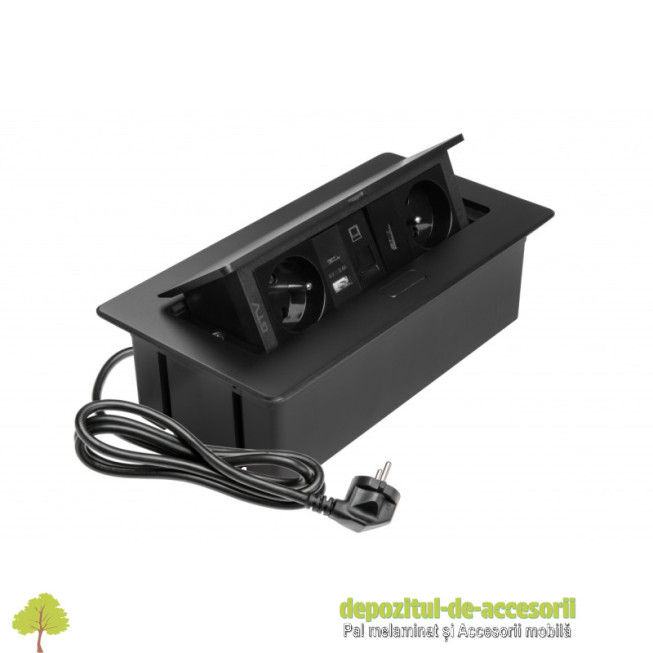 Priza de mobilier MULTISOFT, 2xSHUKO, USB A+C, RJ45, cablu HDMI 1,5 m, negru