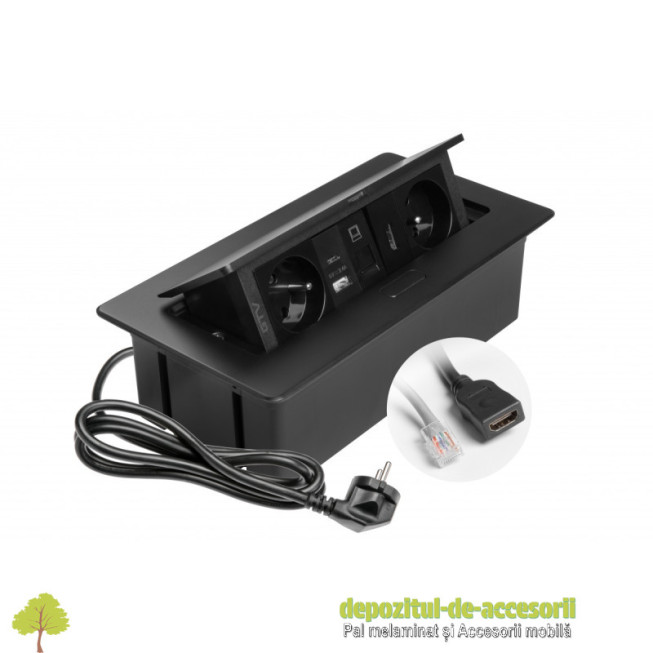 Priza de mobilier MULTISOFT, 2xSHUKO, USB A+C, RJ45, cablu HDMI 1,5 m, negru