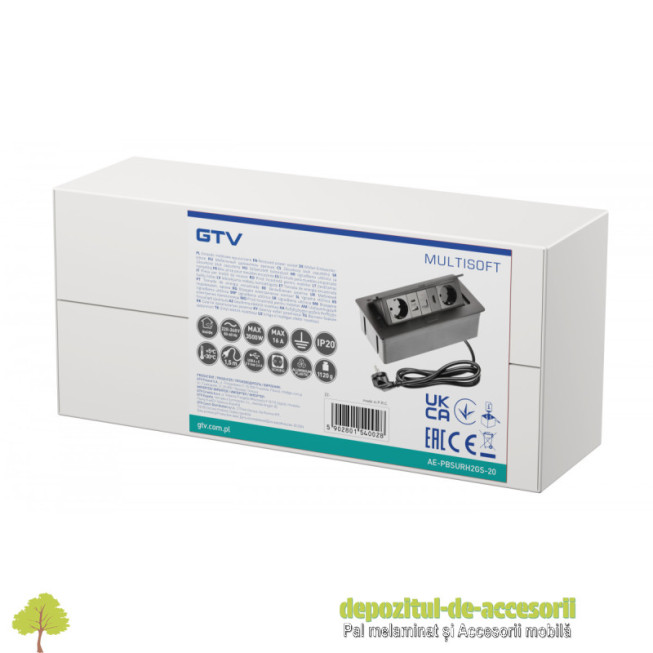 Priza de mobilier MULTISOFT, 2xSHUKO, USB A+C, RJ45, cablu HDMI 1,5 m, negru