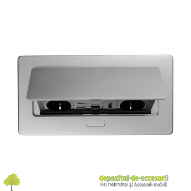 Priza de mobilier MULTISOFT, 2xSHUKO, USB A+C, RJ45, cablu HDMI 1,5 m, aluminiu