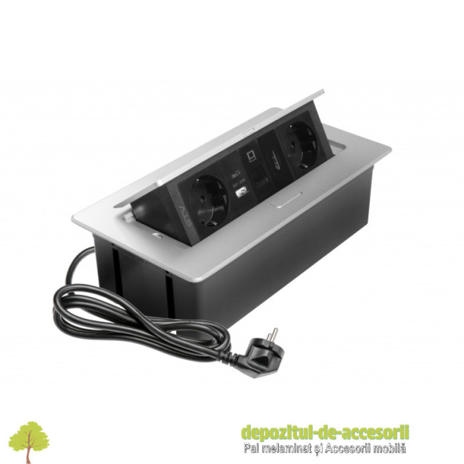 Priza de mobilier MULTISOFT, 2xSHUKO, USB A+C, RJ45, cablu HDMI 1,5 m, aluminiu