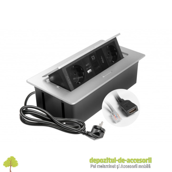 Priza de mobilier MULTISOFT, 2xSHUKO, USB A+C, RJ45, cablu HDMI 1,5 m, aluminiu