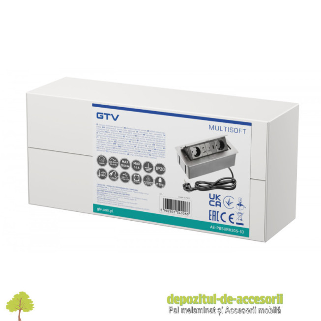 Priza de mobilier MULTISOFT, 2xSHUKO, USB A+C, RJ45, cablu HDMI 1,5 m, aluminiu